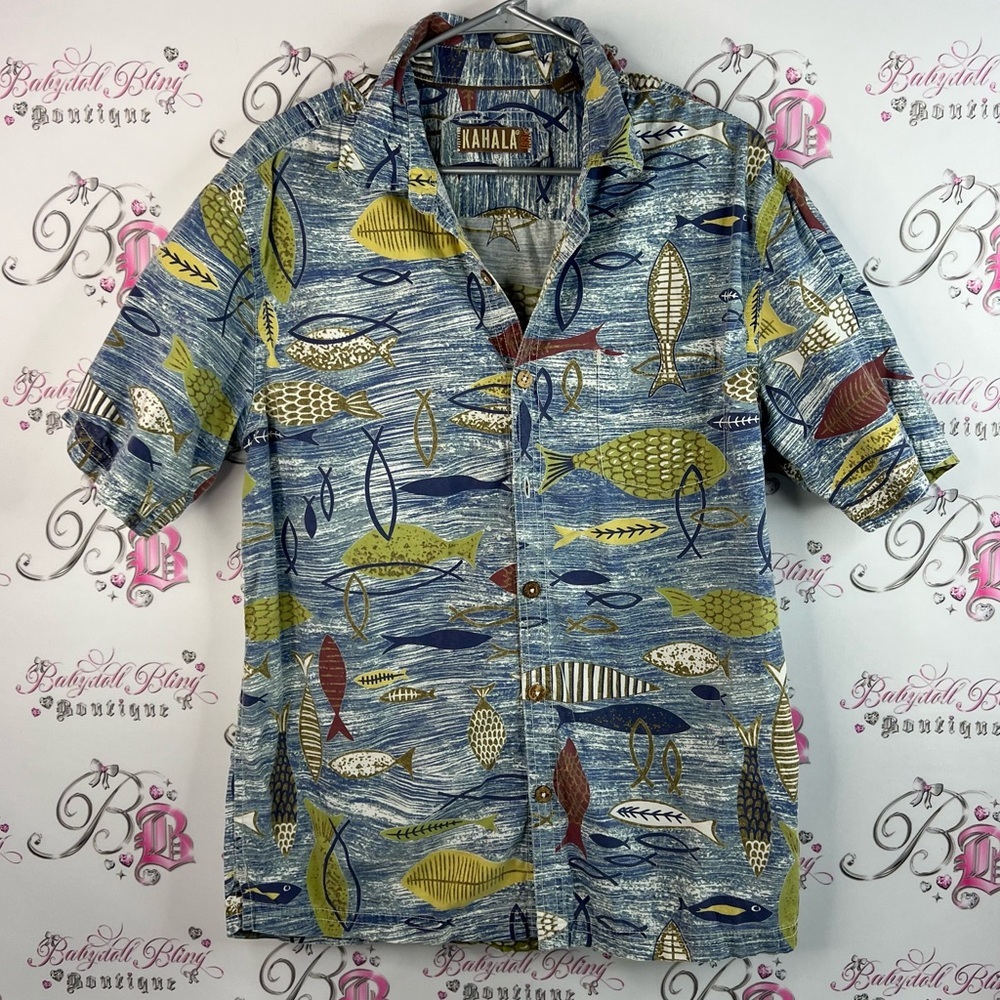 Kahala button up tshirt tee vintage fishes Fish Print Button-Up Shirt Hawaii